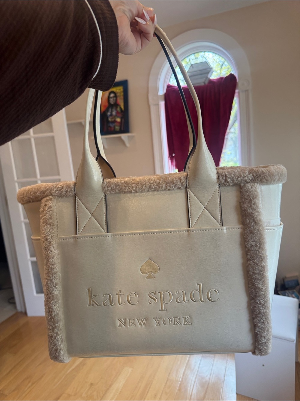 kate spade Cream Leather Tote with Shearling Trim